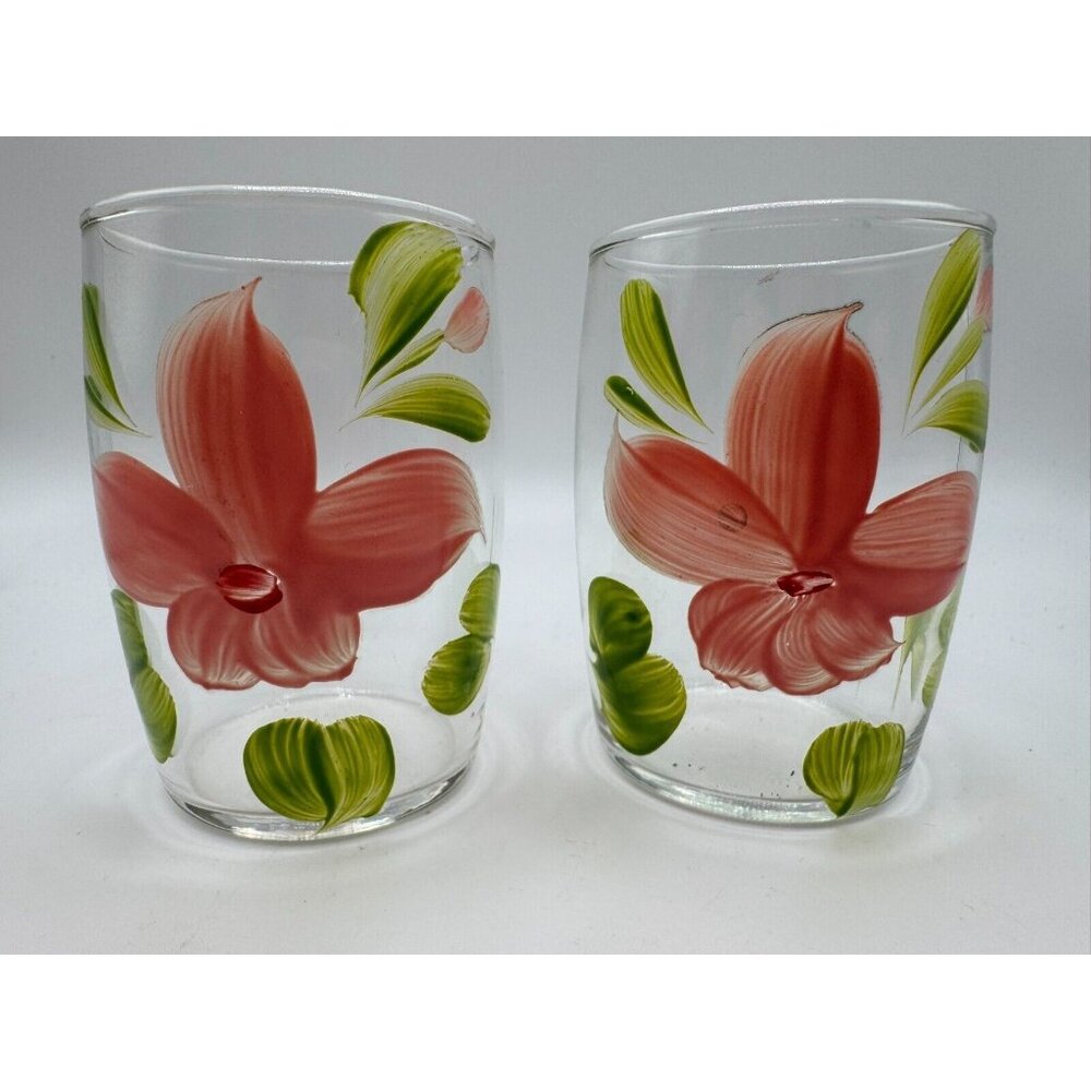 2 Bartlett Collins Gay Fad Handpainted juice glasses Pink Floral 3.25"